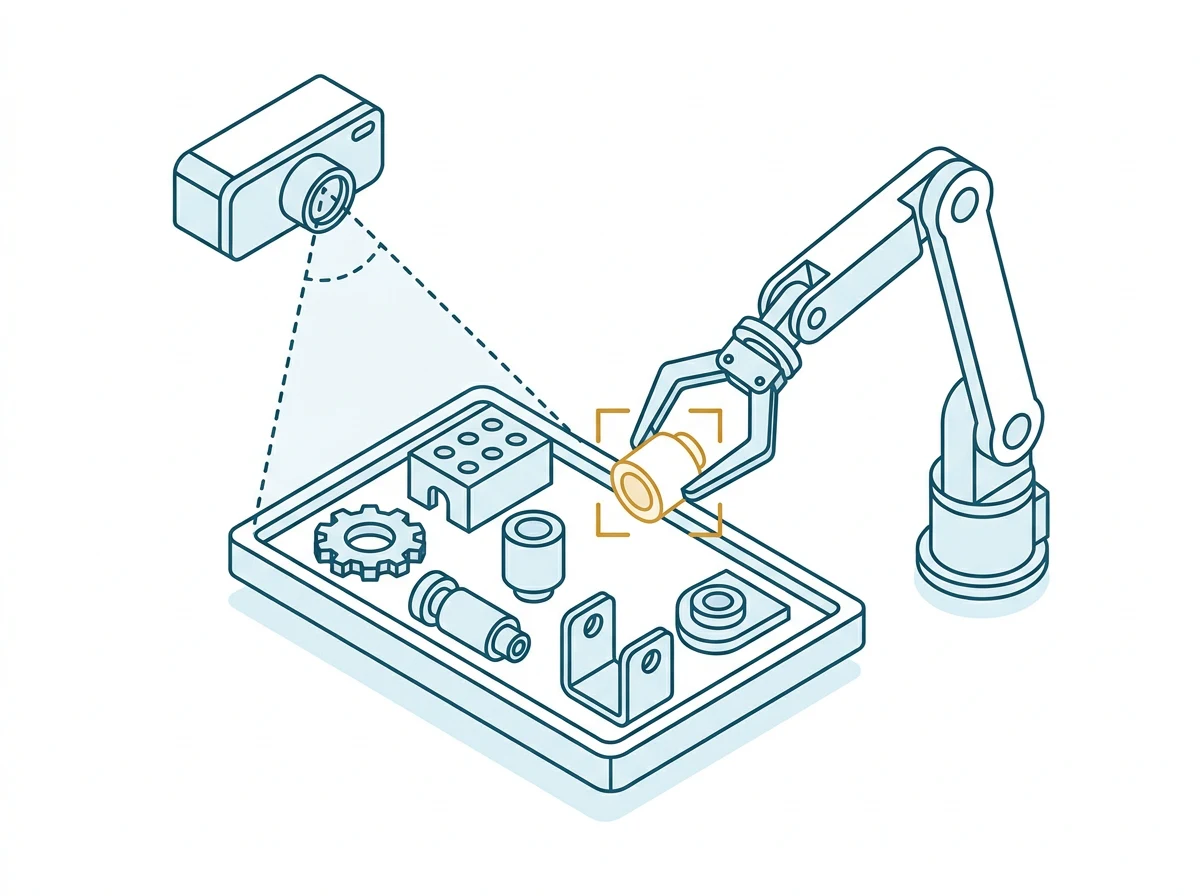 3D認識でトレイの中の一つを選び、ロボットが掴む図